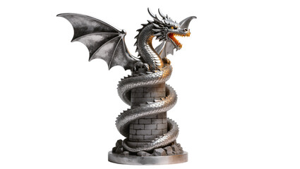 Stone gray dragon sculpture winding around a castle turret © Isabel