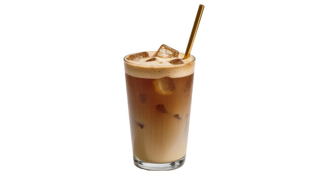 Frothy Iced Coffee Drink in Glass with Gold Straw
