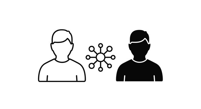Vector graphic illustration depicting two abstract people icons connecting through a central network symbol, representing collaboration and community.