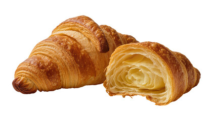 Golden flaky croissants with creamy filling, one partially opened © Elena