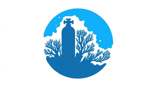 Silhouette of scuba tank amid stylized coral in a roundel with a cloud-like backdrop
