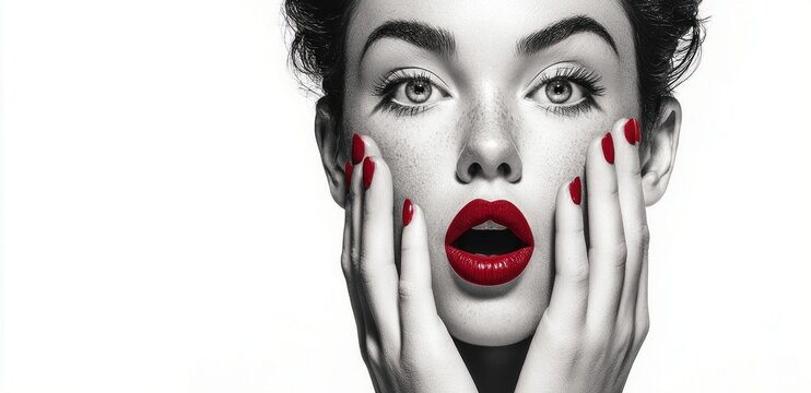 Dramatic black and white portrait of a woman with bright red lips and nails expressing surprise
