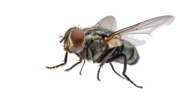 Detailed Common Housefly with Furry Body and Extended Wings
