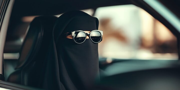 Woman wearing niqab and sunglasses inside a car, looking stylish and modern