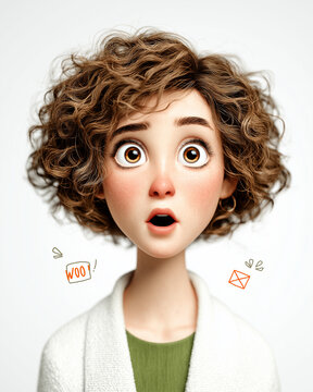 Startled Expression Cartoon: A charming cartoon character, with expressive eyes and a surprised expression, conveys wonder. The character is portrayed with detailed curls and a simple outfit.