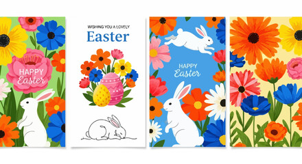 Fototapeta premium Easter greeting cards feature colorful flowers and white rabbits in a decorative spring collection.