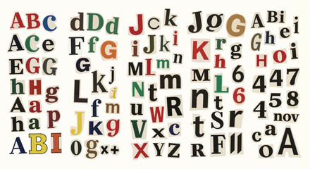 Vintage ransom note alphabet and numbers set, colorful cutout letters in newspaper and magazine style. Retro collage typography collection for creative design. Mixed font ransom letter vector © Art