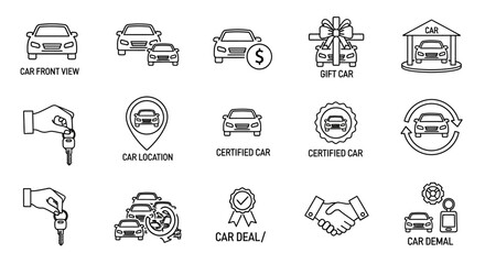 Automotive dealership line icons set, 15 car sales and rental vector symbols, certified pre-owned vehicle purchase and rental service graphics, car front view and dealership business elements © Art