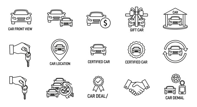Automotive dealership line icons set, 15 car sales and rental vector symbols, certified pre-owned vehicle purchase and rental service graphics, car front view and dealership business elements