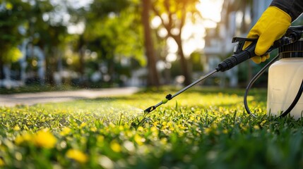 Gardener applies liquid treatment on grass in city park during late afternoon hours