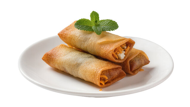 Golden spring rolls on white plate garnished with fresh mint leaves