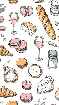 A delightful arrangement of French pastries and wine is scattered across a white background