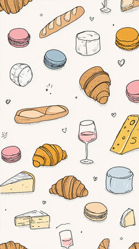 A charming pattern of French food includes croissants, baguettes, macarons, cheese, and wine glasses