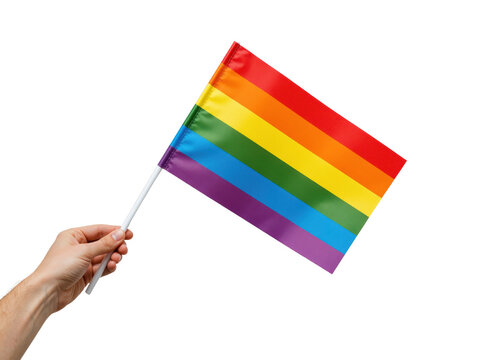 Hand holding waving rainbow pride lgbtq plus flag, isolated on transparent background