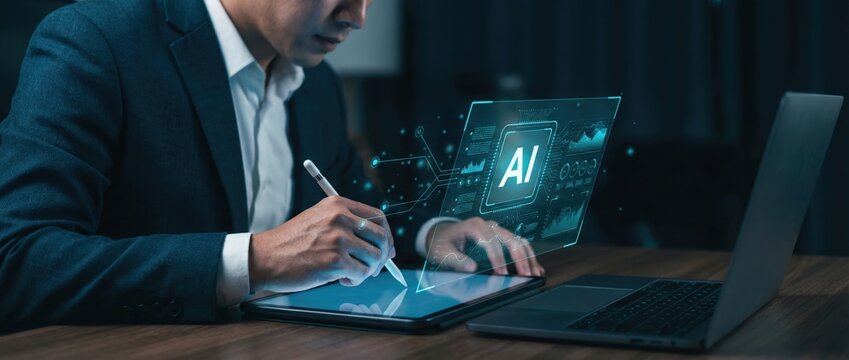 Innovative ai technology implementation modern office digital art indoor close-up viewpoint enhancing business productivity through artificial intelligence