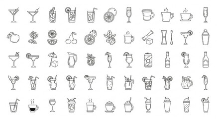 Fototapeta premium The illustration showcases various cocktail glasses and drinks on a table.