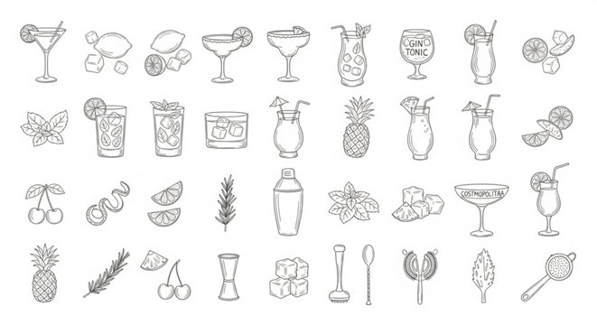 A vibrant collection of cocktail illustrations with various glasses, fruits, and garnishes.