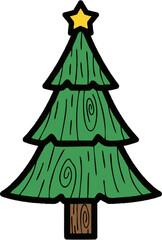 Fototapeta premium Christmas Tree Cartoon Illustration with Yellow Star and Wood Grain Texture