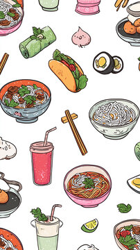 A variety of delicious food and drinks arranged in a seamless pattern