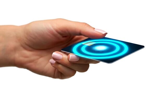 Hand holding a blue credit card with a glowing chip representing secure and modern payment methods.