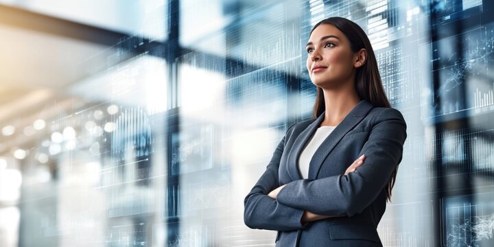Confident professional woman in business suit looking towards future with data visualizations