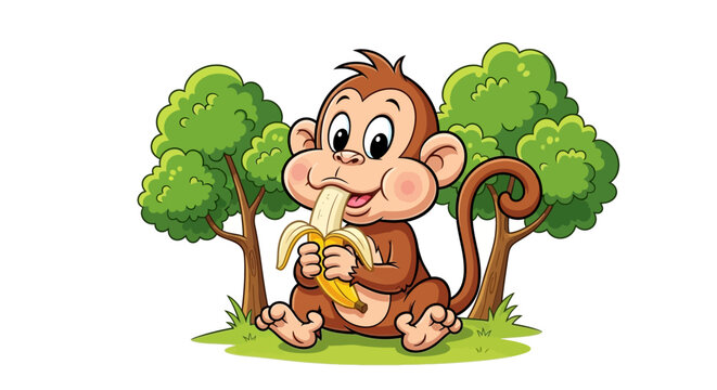 A cute cartoon monkey eating a banana under a green tree isolated on a white background with a playful mood.