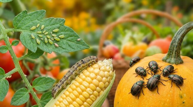 Close view of insects on a pumpkin beside a corn cob and tomato leaves in a garden, warm autumn colors suggest harvest season, natural pest activity in crops