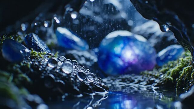 Glimmering Sapphire Gems in a Mossy Cave