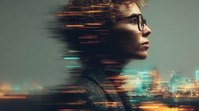Woman in glasses with motion blur effect against a blurred cityscape at night