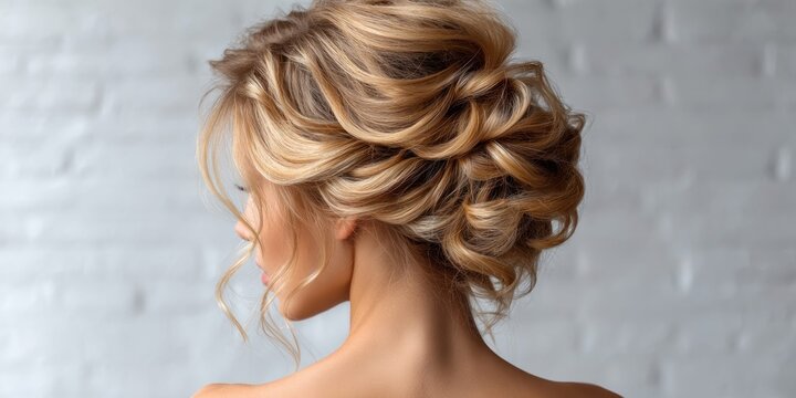 Elegant blonde updo hairstyle with soft curls and loose strands framing the face