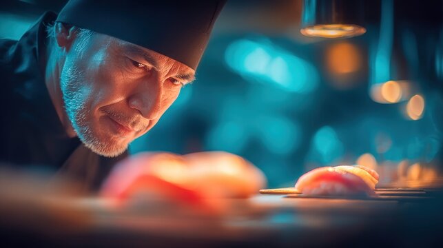 Experienced chef meticulously preparing sushi with intense focus in a dimly lit kitchen