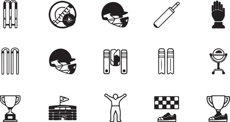 Fototapeta premium A comprehensive set of black and white vector icons representing various cricket sports elements isolated on white background