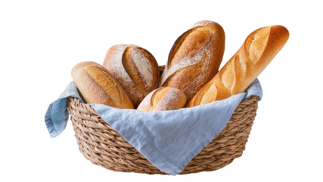 Rustic loaves and baguettes in woven wicker basket with linen cloth