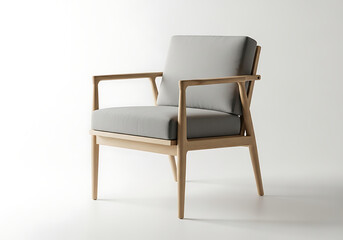 Fototapeta premium Elegant Modern Wooden Armchair with Plush Gray Upholstery on a White Background