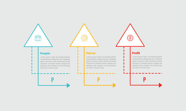 3P sustainability infographic template with simple arrow top direction with dotted line separator with 3 points information flat