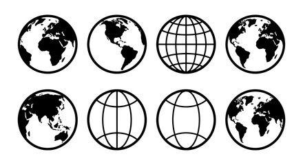 Obraz premium Global earth icon set, 8 world globe vector symbols, planet map icons
