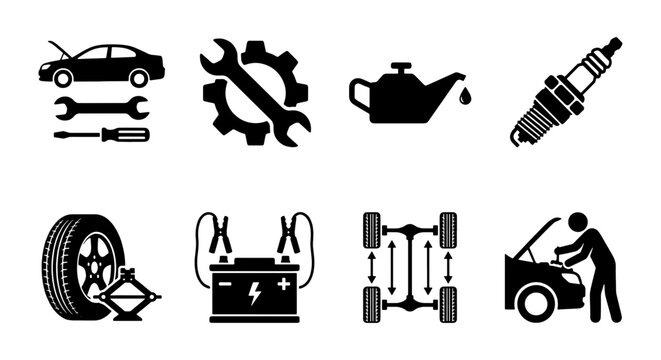 Car repair icons set, auto service symbols, 8 black vector elements