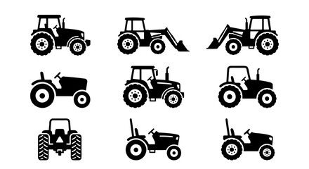 Tractor silhouette set, 9 farm machinery icons, agricultural vehicle vector © Creative Silhouette 