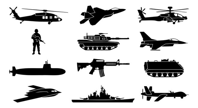 Military vehicle silhouettes, 12 army icons, war equipment vector set
