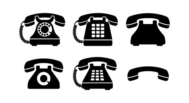 Vintage telephone icon set, retro rotary phone vectors, black landline symbols