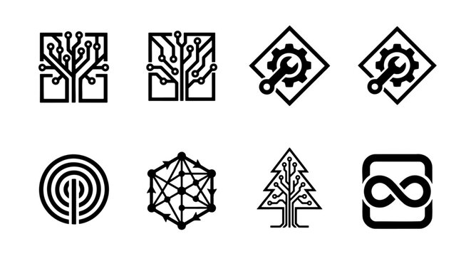 Minimalist technology logo set, 8 digital circuit icons, black vector symbols