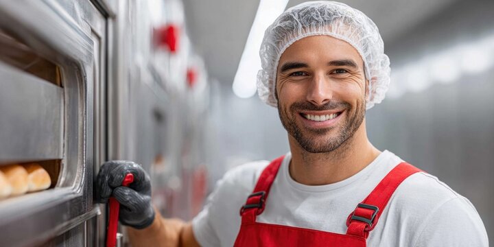 Smiling baker in hairnet and red apron opening industrial oven with fresh bread inside