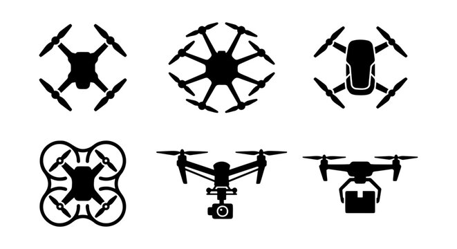 Drone icon set, black quadcopter silhouettes, 6 flying uav vector symbols