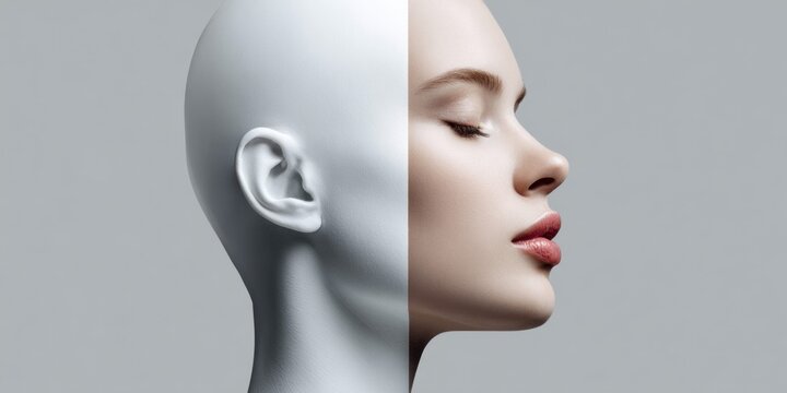 Split profile view of a mannequin head and a woman's face, symbolizing duality