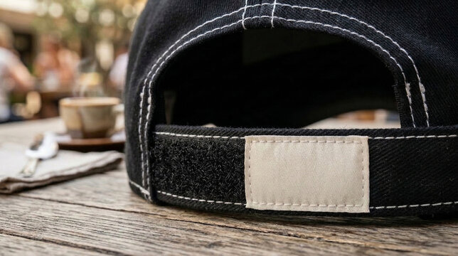 Blank label patch mockup on the back velcro strap of a black baseball cap