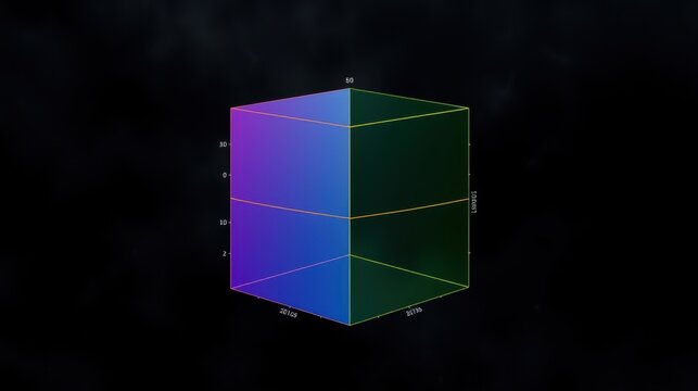 Cube visualization. Gradient colors represent data values. Dark background emphasizes three dimensional shape. Axes indicate numerical scales.