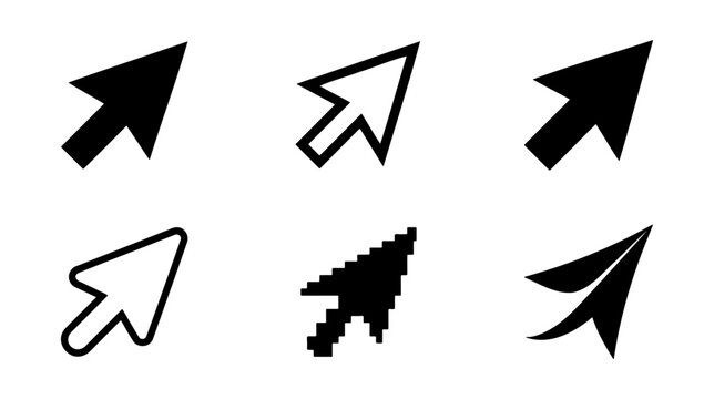 Mouse cursor icon set, 6 black arrow pointers, digital clicker vectors