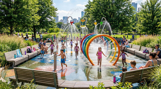 Children having fun at a colorful outdoor splash pad water park in an urban public park during summer