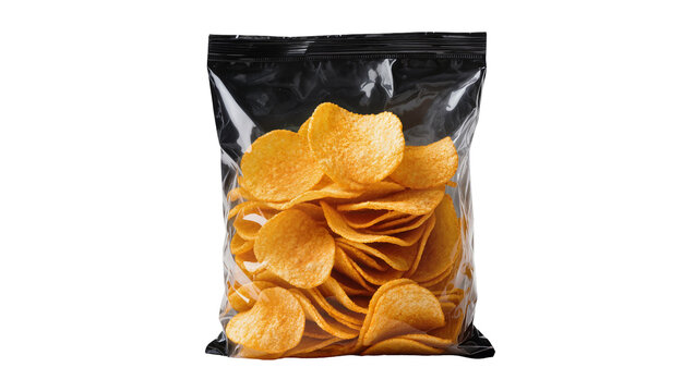 Orange flavored potato chips inside black plastic snack package