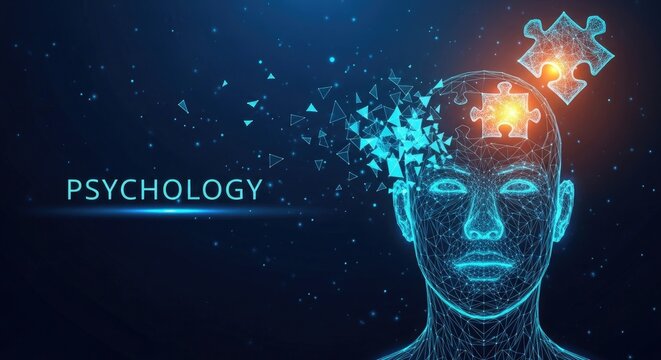 A detailed wireframe human head profile with floating puzzle pieces including one glowing orange fragment in a dark space featuring vibrant blue particles.